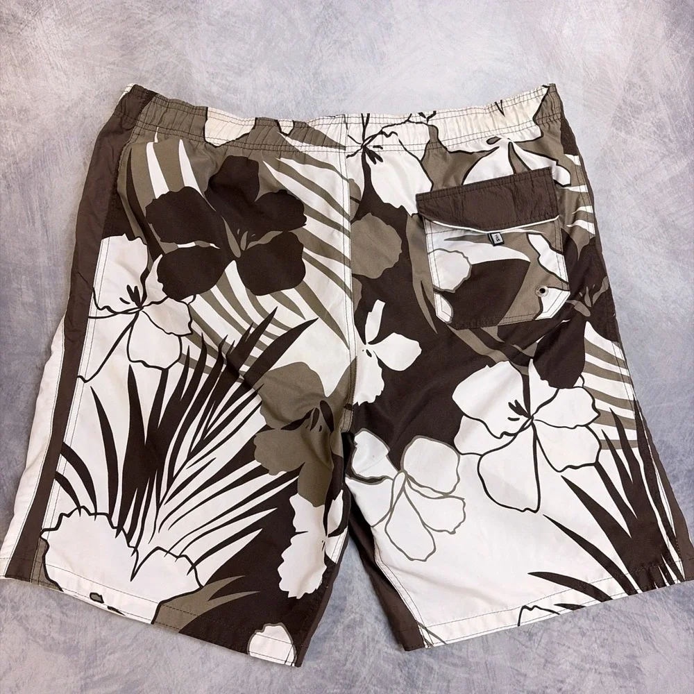 Slick Mens Tropical Floral Board Shorts Brown White Mesh Lined Swim Trunks L